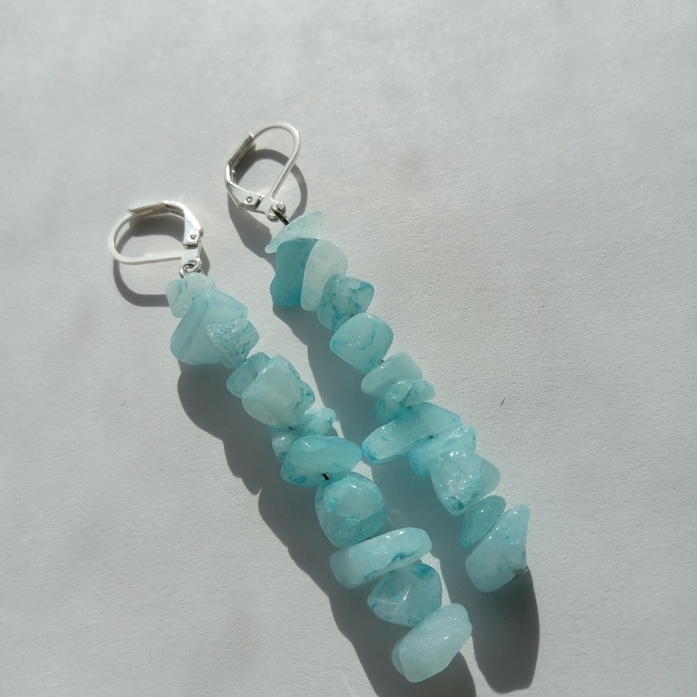 Blue stone chip earrings with hypoallergenic silver plated earwires boho western - Picture 3 of 4